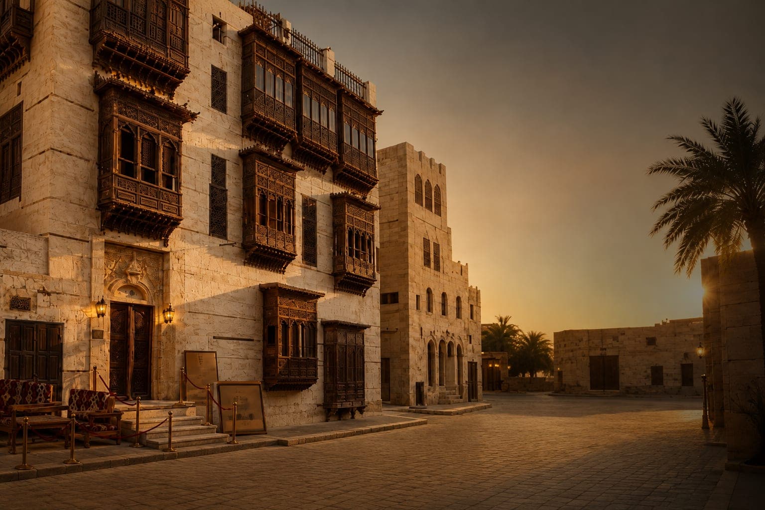 واجهة بيت المتبولي الحجرية برواشينها الخشبية في جدة التاريخية عند الغروب